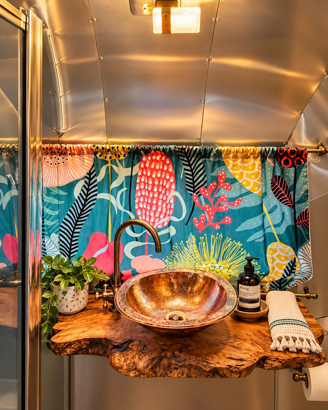 Safari bathroom with copper bowl sink, wood counter and colorful curtains