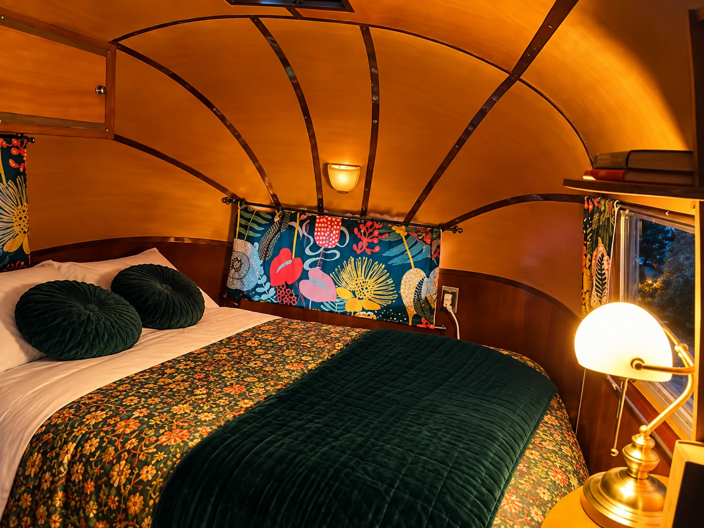 Safari bedroom warmly lit with green velvet throw and colorful curtains